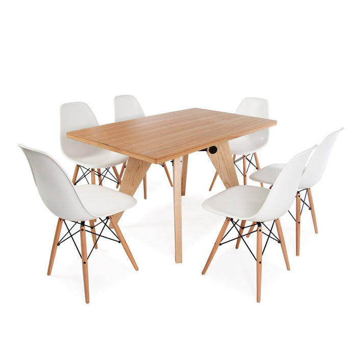 Set - Light Rectangular Prouve Table & 6 DSW Chairs