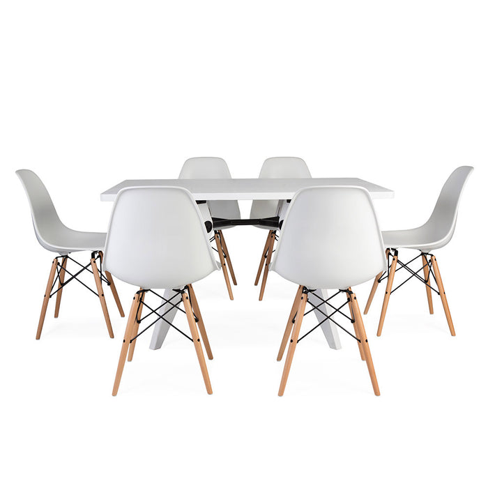 Set - White Rectangular Prouve Table & 6 DSW Chairs